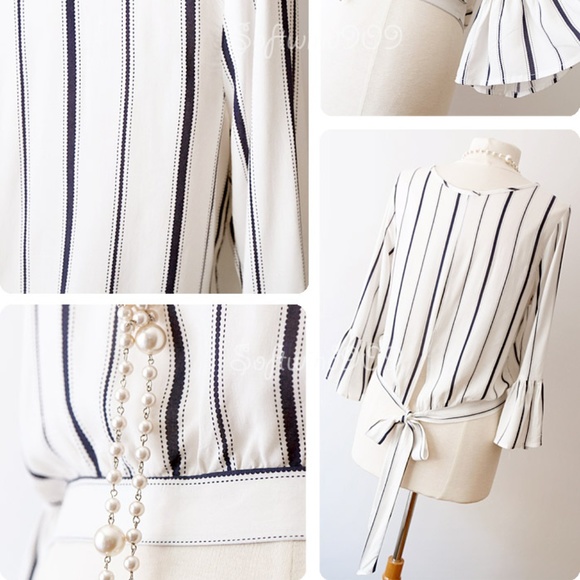 Last☝️ Ivory Navy Striped Tie Back Crop Blouse Top - Picture 7 of 8